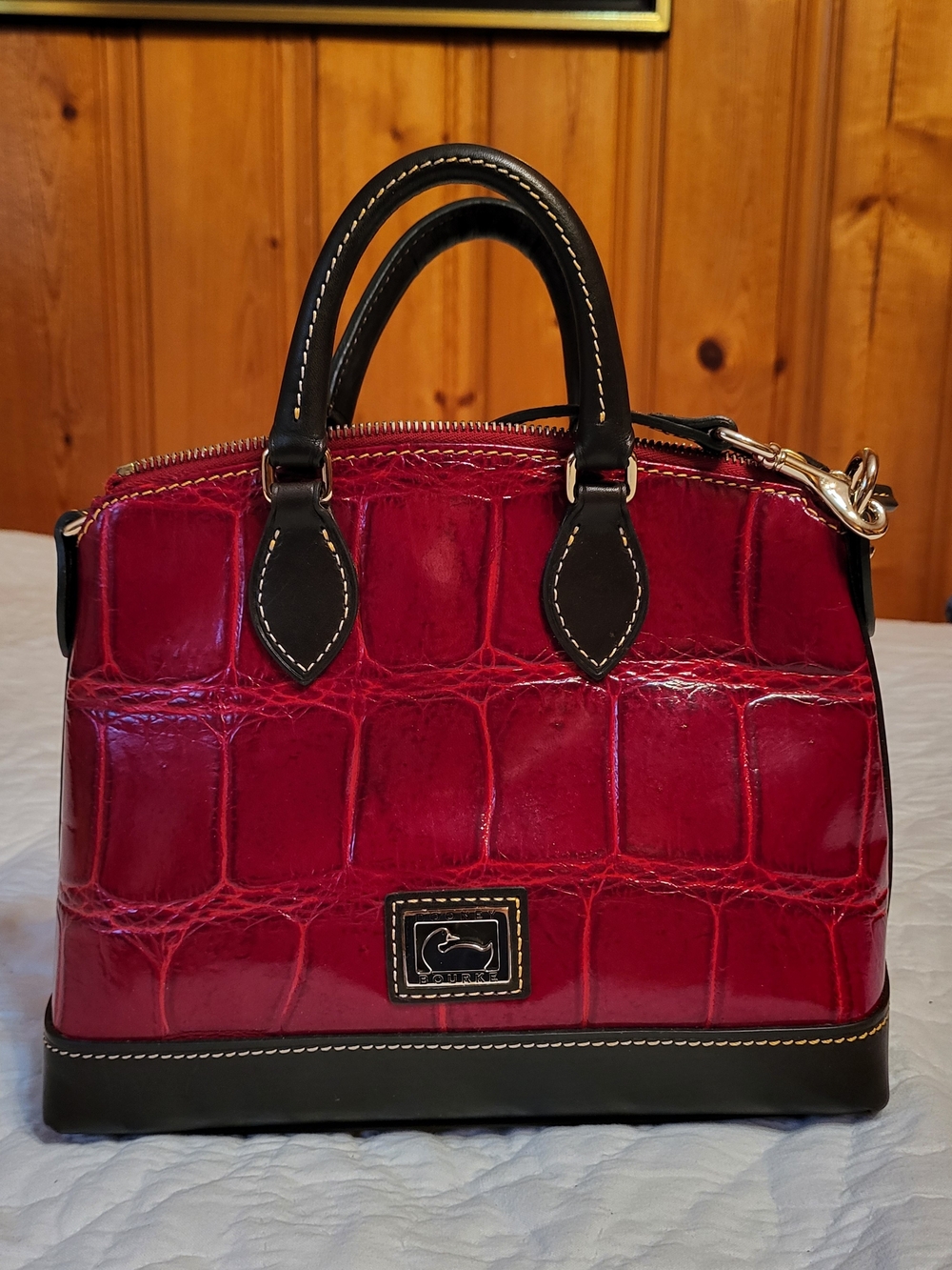 Dooney & Bourke Red Croc-Embossed Satchel with Black Trim